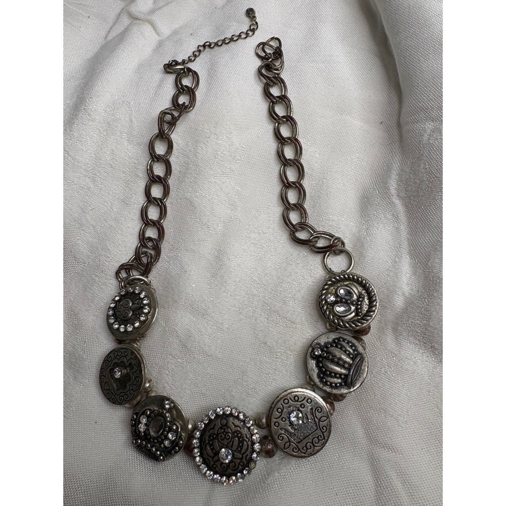 Y2K Ornate Button Charm Necklace Rhinestone Crown Vintage Style  Jewelry